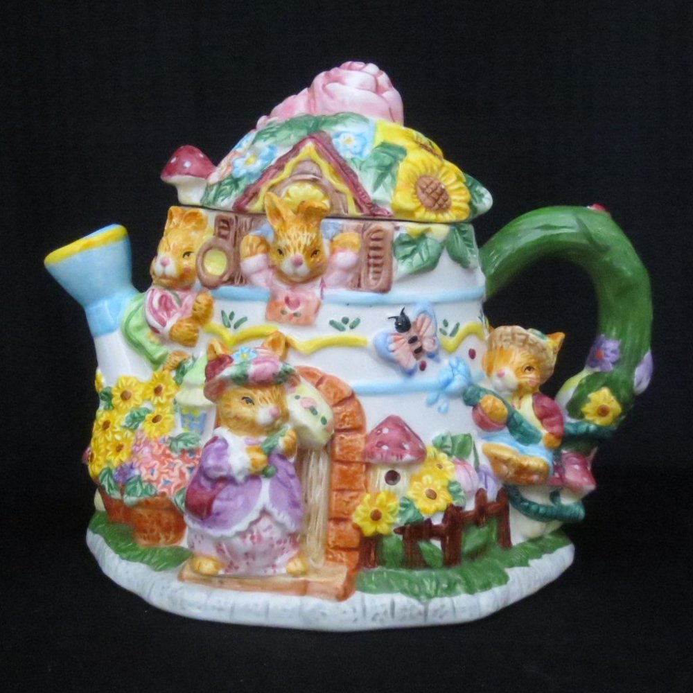 90s Mercuries Teapot Bright Colorful Spring Garden Bunnies Ceramic Collectible